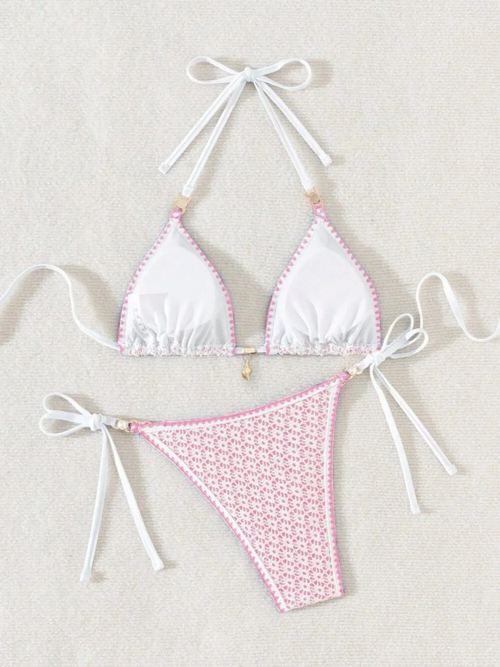 Pink Women's Hollow Out Shell & Pearl Decor Sexy Triangle bikini